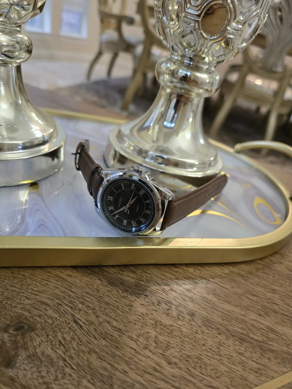 Men's Brown Leather Strap Watch with Black Dial